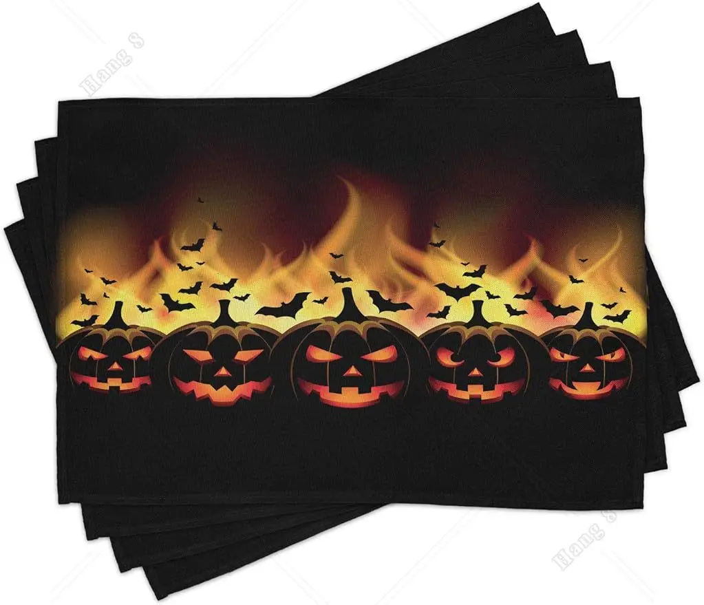 

Vintage Halloween Place Mats Set of 4 Happy Wishes Image Jack O Lanterns Bats Holiday Washable Fabric Placemats for Dining Table