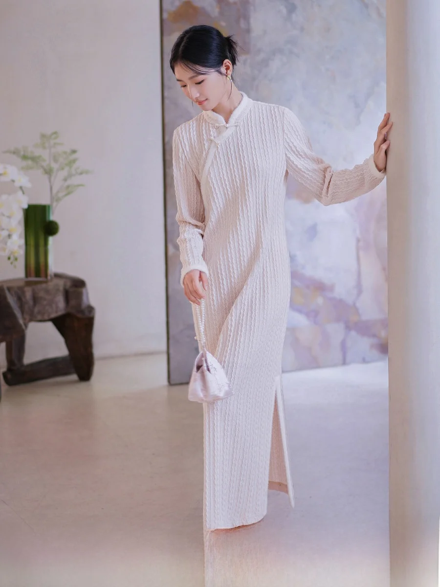 

Новое китайское вязаное длинное платье-ципао ручной работы с цветочным узором для женщин, зимнее, теплое, хлопковое