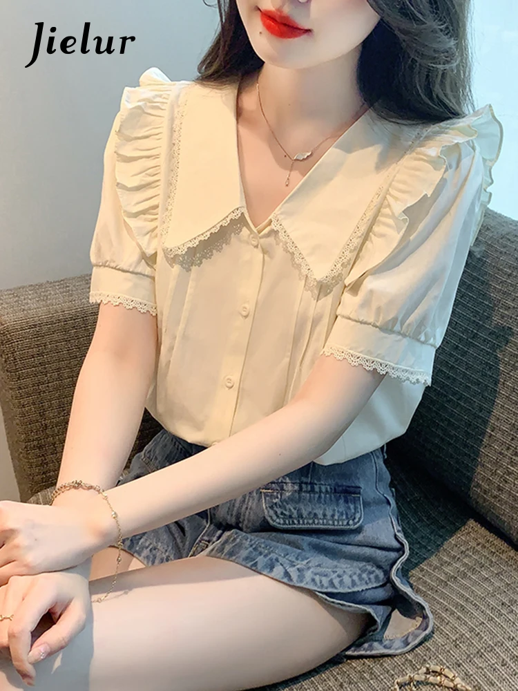 

Jielur Summer New Sweet Solid Color Women Blouse Sweet Ladies Elegant Slim Blouse Woman Apricot Loose Bubble Sleeve Top Female