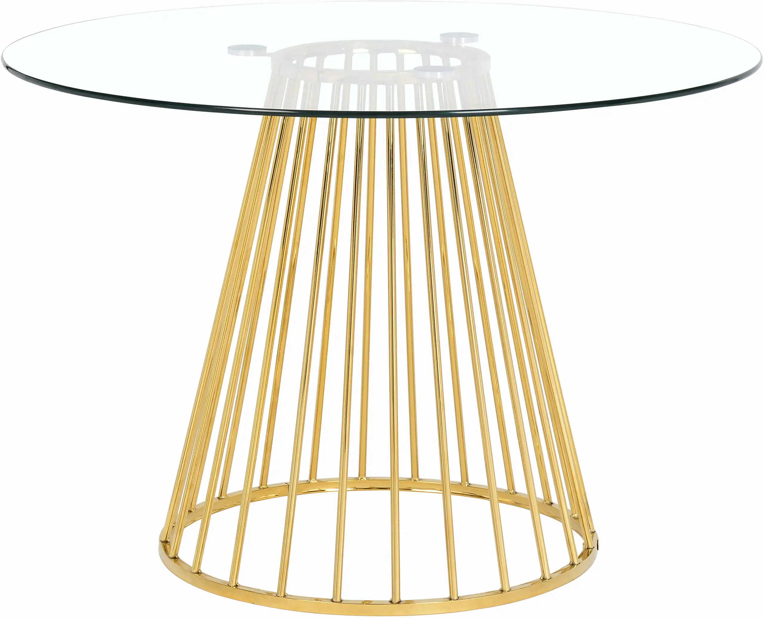 

Modern Round Dining Table With Clear Tempered Glass Top And Gold Finished Metal Wire Base