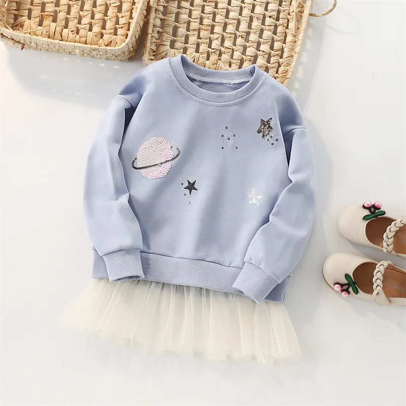 Jumping Meters New Arrival 2-7T Girls Shirts Baby Clothes Space Beading Sweatshirts Toddler Costume Mesh Hooded Shirts