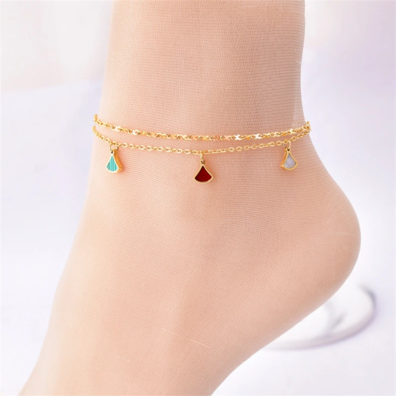 316L Stainless Steel New Fashion Jewelry 2 Layer Embedded In Natural Shells Hang Fan Skirt Shape Charm Chain Anklet For Women