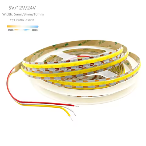 CCT COB LED Strip DC 5V 12V 24V 2700K to 6500K High Density Flexible Dimmable Linear LED Tape 5mm 8mm 10mm RA90 Dual-color