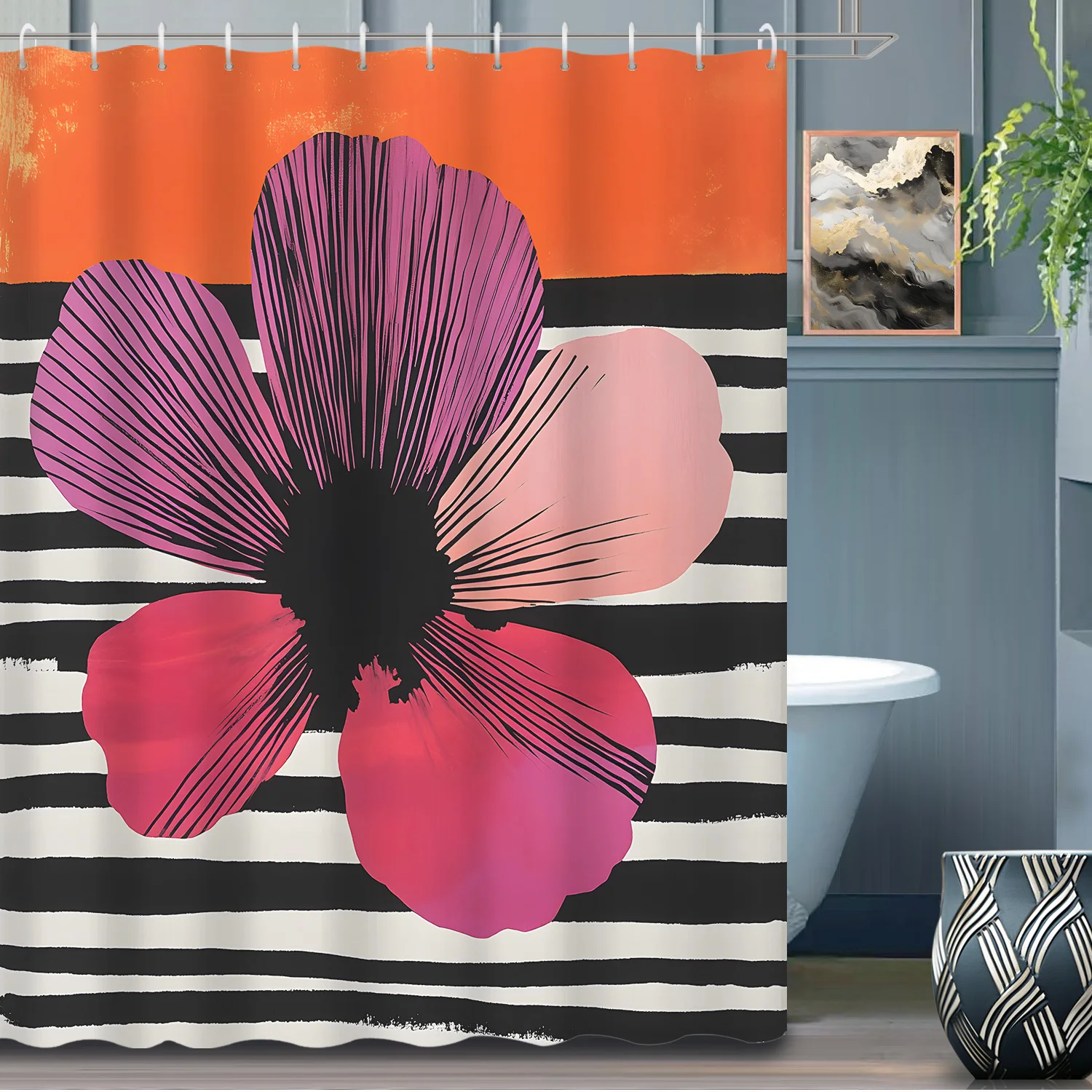 

1pc Bohemian Modern Minimalist Striped and Floral Line Shower Curtain, Decorative Bathroom Partition Curtain with 12 Hooks