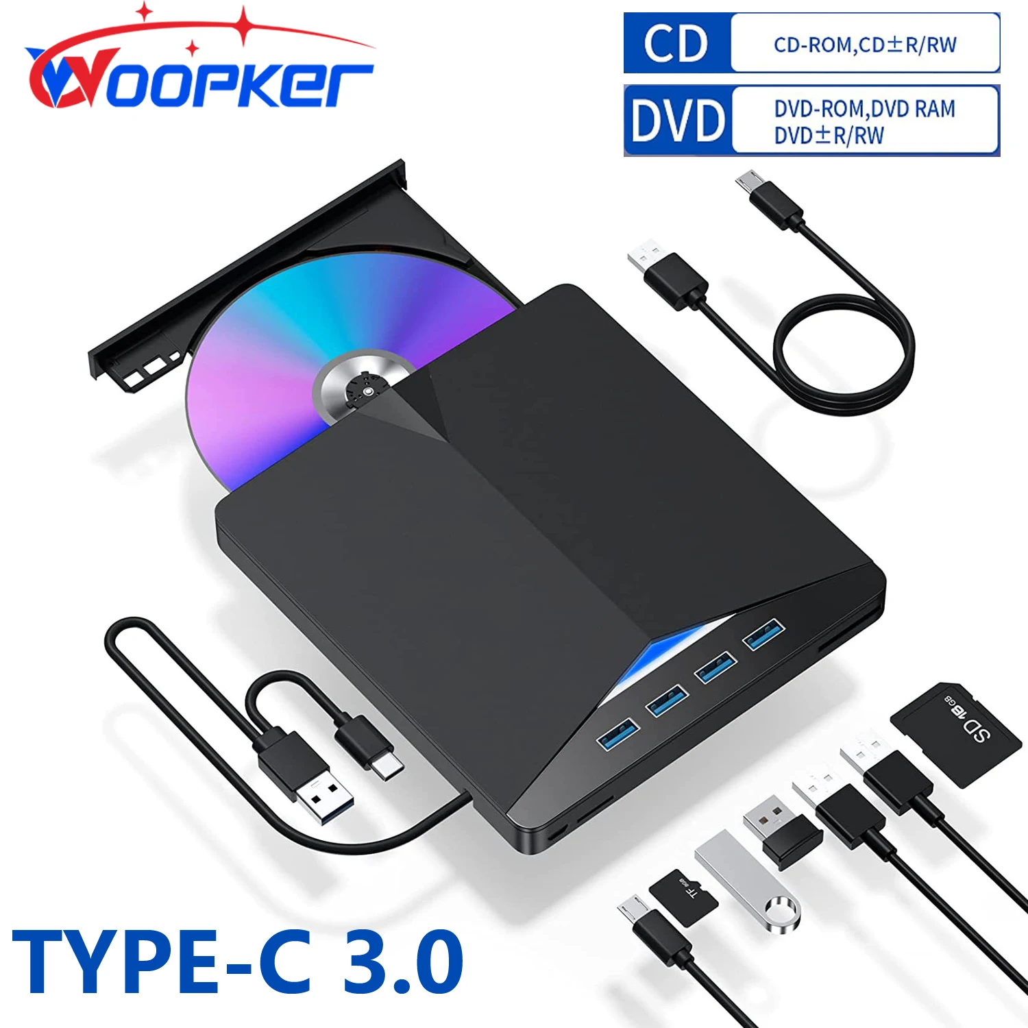 

Woopker Multifunction DVD/CD Recorder DVD RW Support Win 7 8 10 11 6-in-1 External DVD Player Type-C USB 3.0