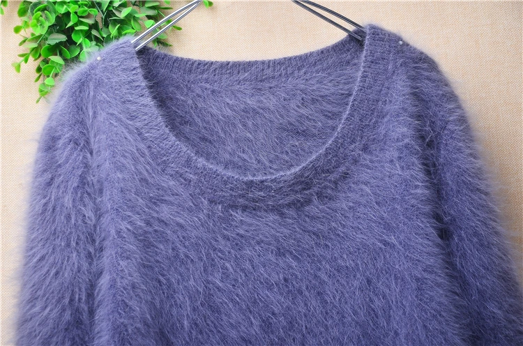 04 Female Women Fall Winter Clothing Hairy Plush Mink Cashmere Knitted O-Neck Long Sleeves Loose Pullover Angora Fur Sweater Top