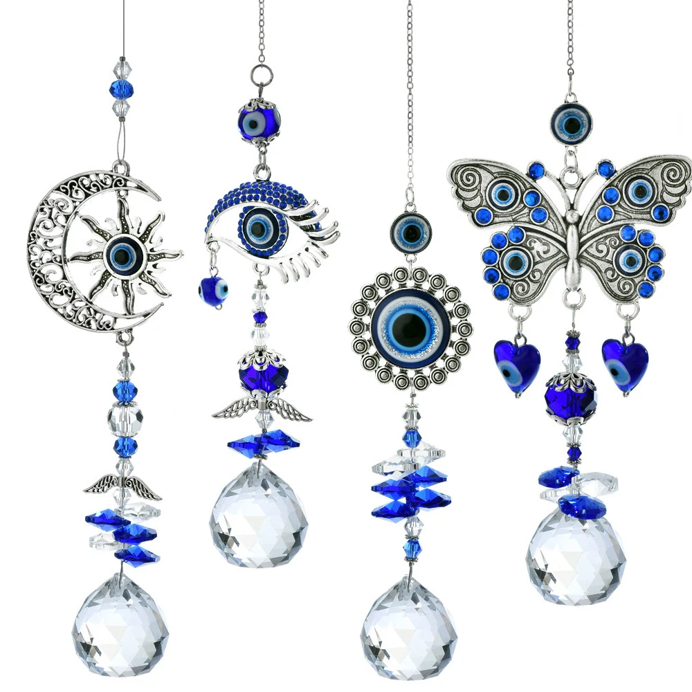 

Crystal Evil Devil's Eye Hanging Pendant 4 Pack Crystal Suncatcher with Crystals Ball Prism Window Rainbow Maker for Home Garden