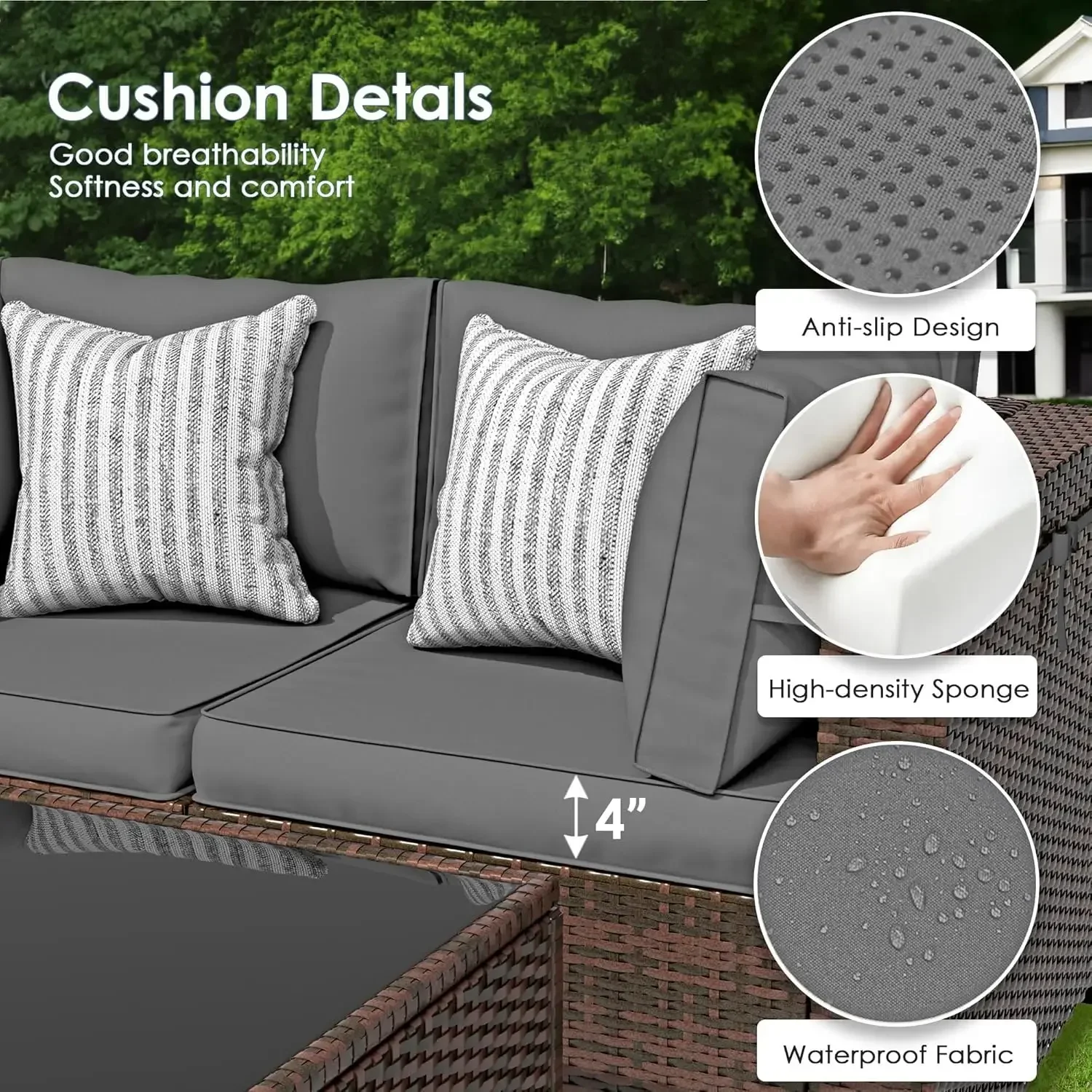 7 Pieces Patio Furniture Set, Outdoor Furniture Sectional Rattan Sofa Sets, Patio Couch with Glass Coffee Table for Garden(Grey)