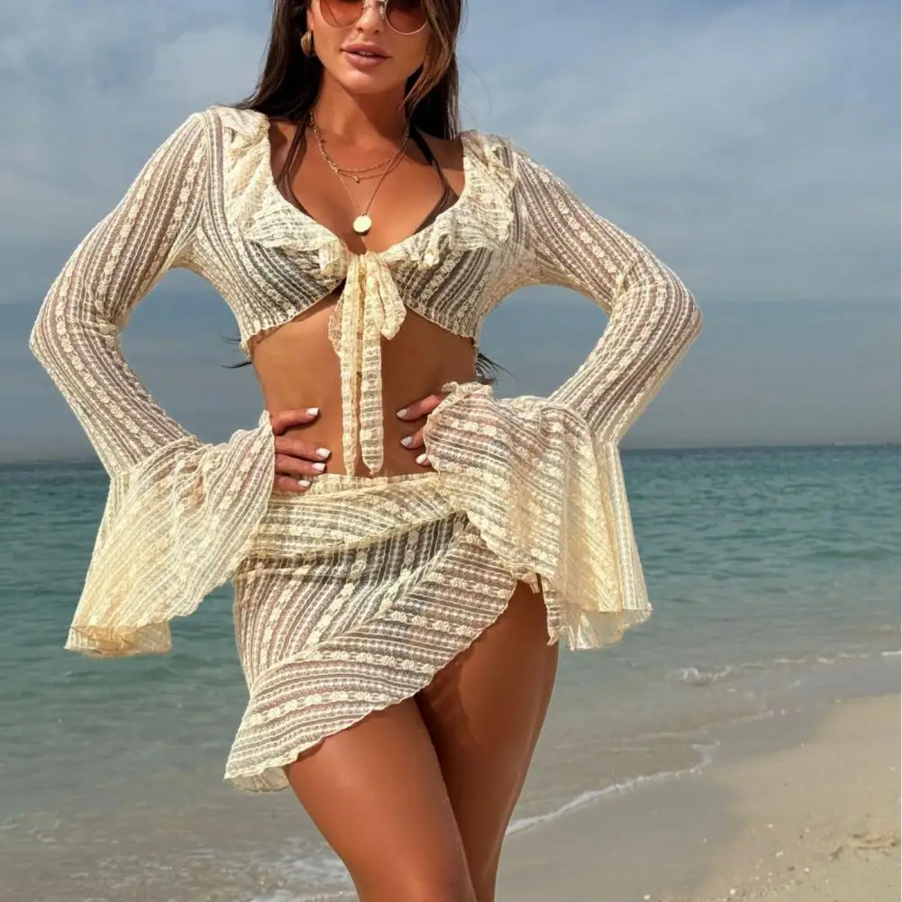 Cover up Swimwear Women's Sexy Long Sleeve 4 Pieces Sheer Mesh Cover Up Dress Crop Top Bathing Suit Pants Cover up Women
