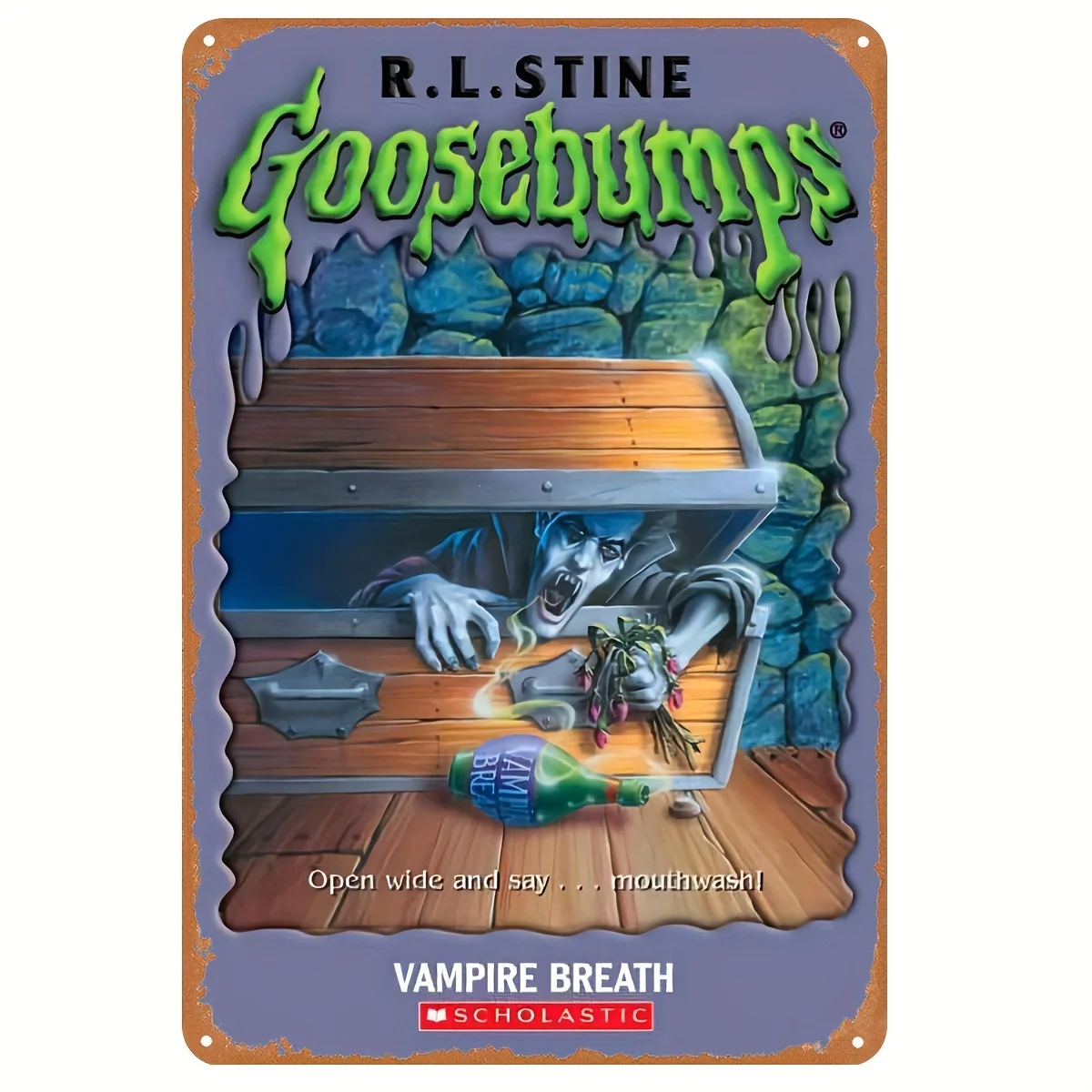 R.L. Sirone Goosebumps Vampire Breath Vintage Metal Sign -  Iron Wall Art, Pre-Drilled Weather-Resistant Horror Decor for Hom