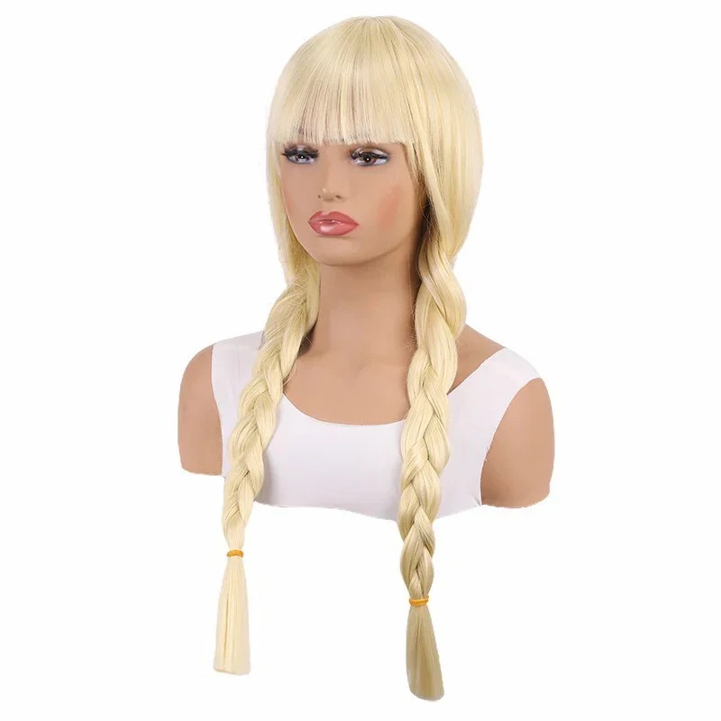 Dinner Party Clothing Match Woman Double Braids Lady Daily Dress Up Headwear Straight Bangs Headgear Anime Cosplay Wig Long Hair