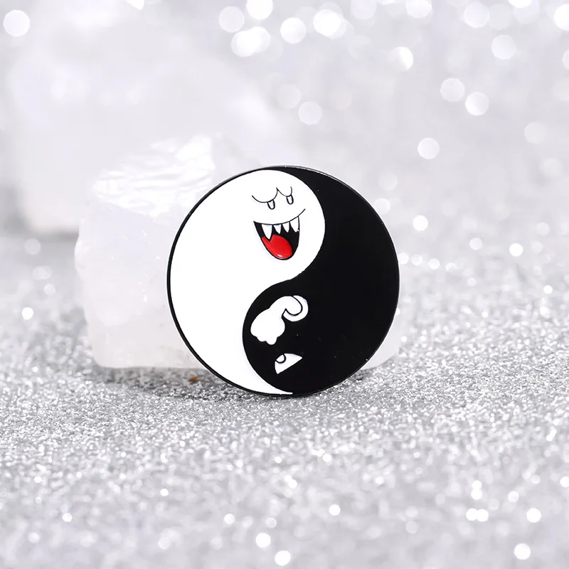 Cartoon cute black and white ghost series brooch creative Tai Chi pattern Halloween animation funny alloy badge