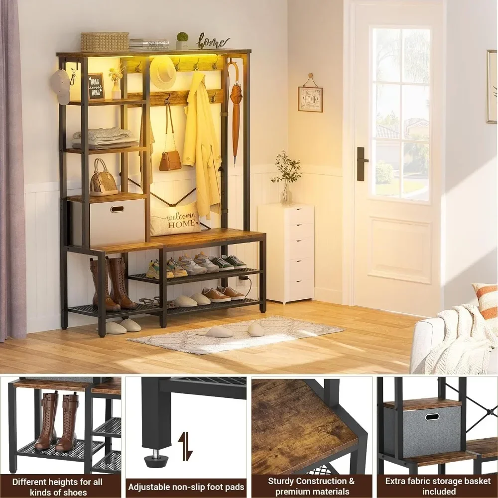 Roupas e Chapéu Rack com Mesa De Armazenamento, Metal Roupas Rack com Luzes LED, Prateleira, Gancho Lateral, 71"