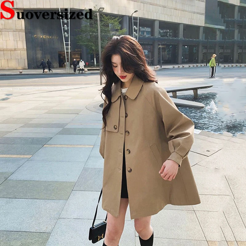 

Women's Mid-length Trench Coat Fashion Single Breasted Windbreaker Korean Lantern Sleeve Jackets Khaki Classic Loose Gabardina