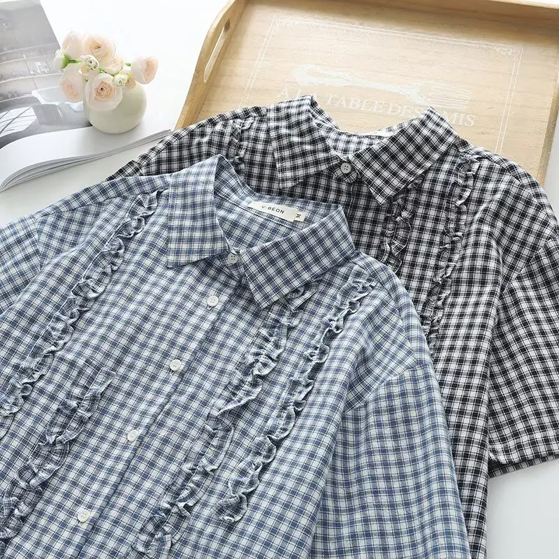 

Vintage Blue Plaid Short Sleeve Blouses Harajuku Sweet Fungus Patchwork Blusas Mujer 2025 Summer New Loose Hirt Women