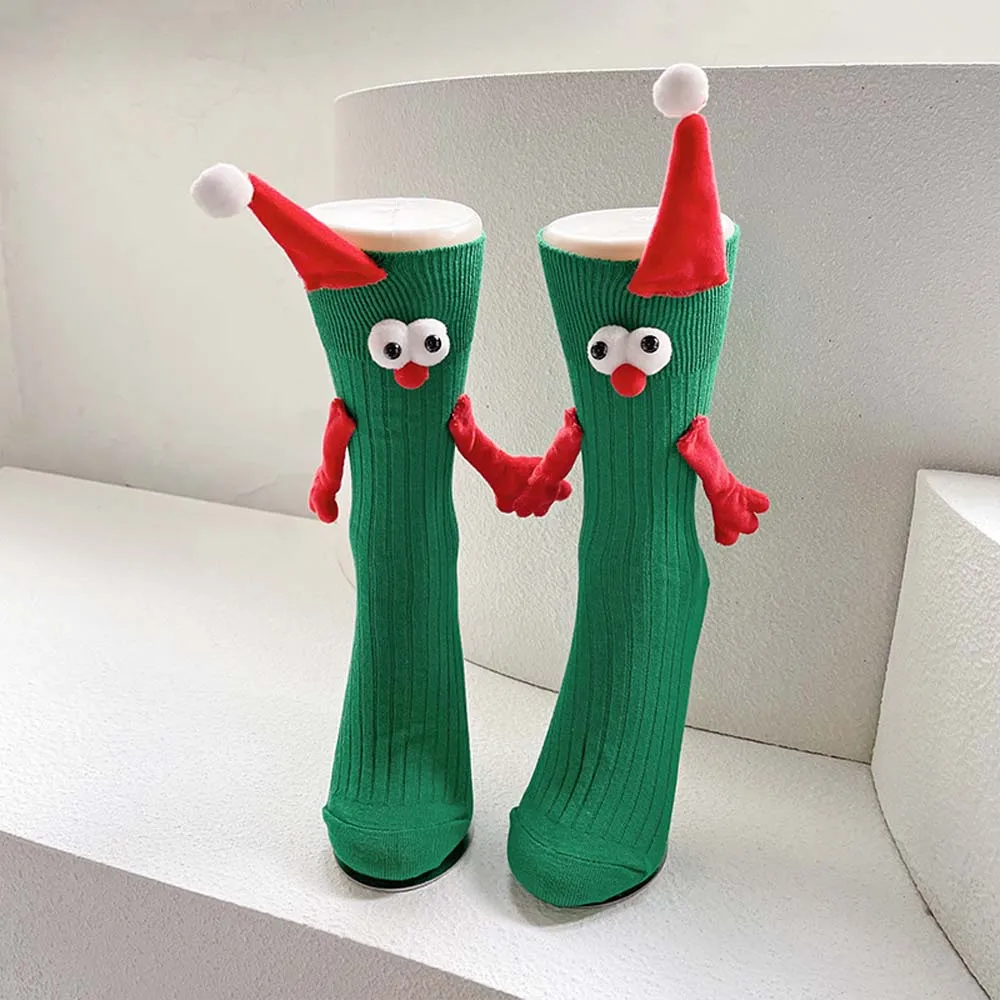 With Hands Christmas Magnetic Stocking Breathable Sweat Absorbent Long Tube Hose Socks New Year Gifts Elastic Cartoon Xmas Socks