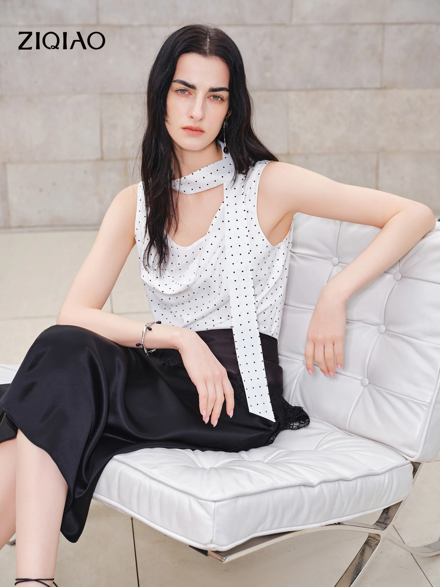 

ZIQIAO 2026 Summer Women Retro Polka Dot Sleeveless Blouse Draped Neck and Tie Detail - Elegant Top for Daily Special Occasions