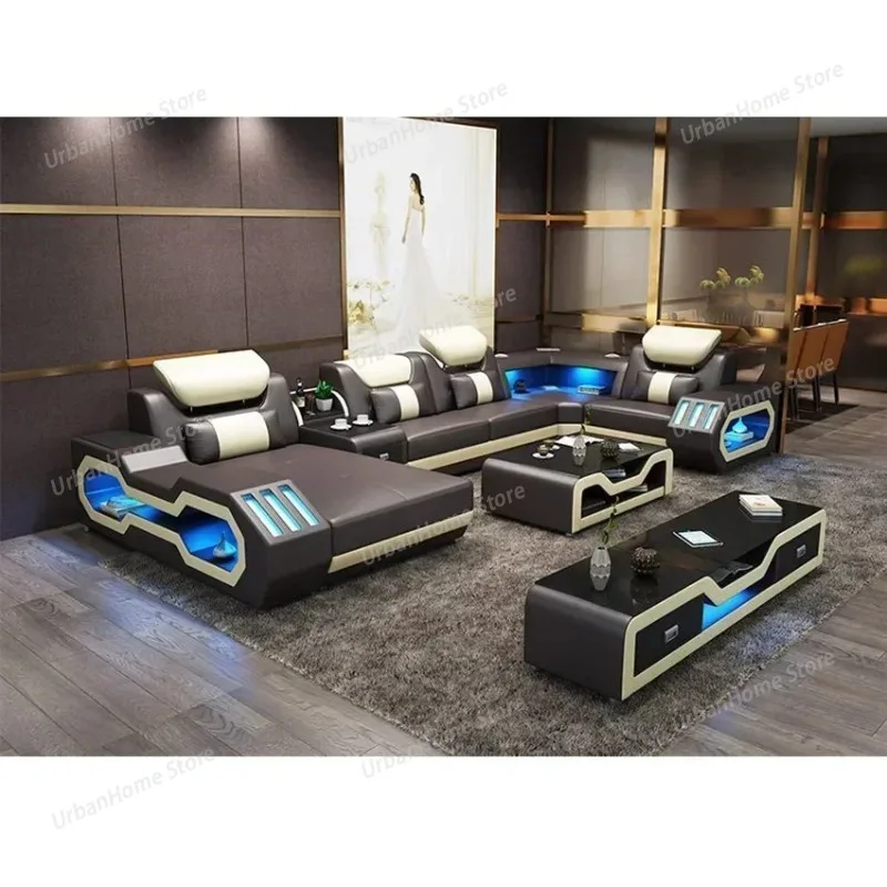 LED Lighted Sofa Set with Recliner, Speaker & USB Ports | Genuine Leather Sectional Couch with Console & Adjustable Headrests