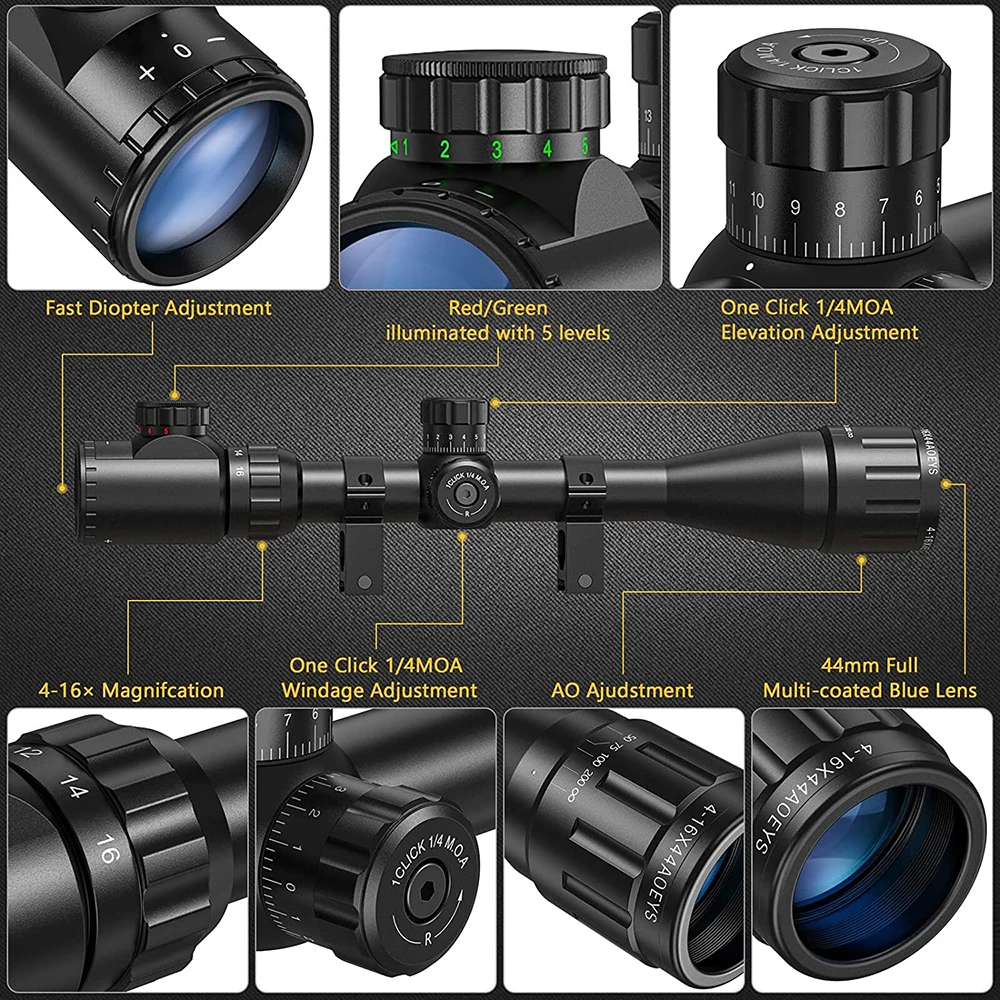 4-16x44 Hunting Rifle Scope Red Green Illuminated Reticle Riflescope Crosshair Optics Scope with Locking Turret Sunshade