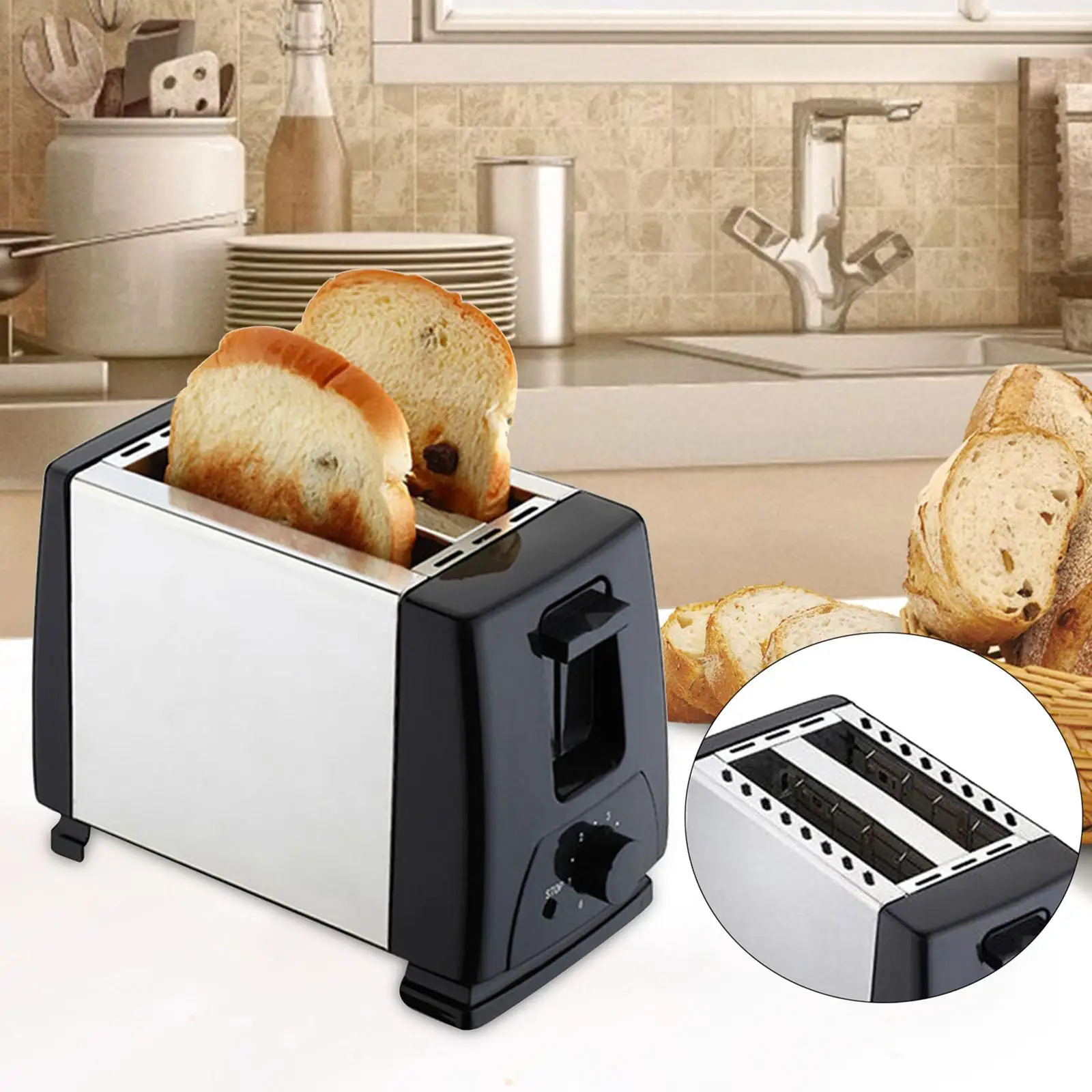 2 Slices Automatic Fast Heating Bread Toaster 750W Stainless Steel Electric Toaster Breakfast Machine for Cooking Toast Sandwich