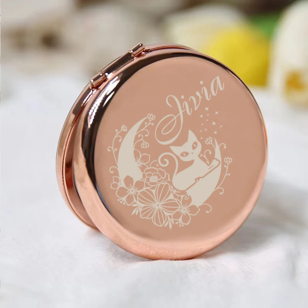1pc Colorful moon cat flower Custom Name Pocket Mirror Fold Mirror Round Circle Mirror Makeup Mirror Party Gift