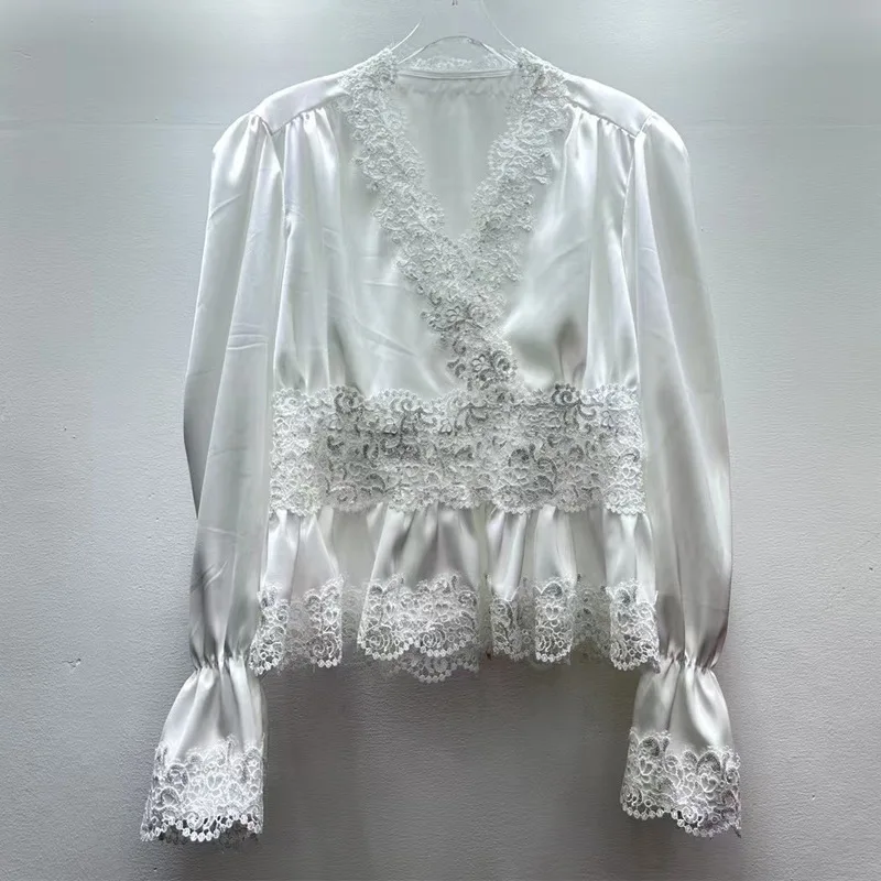 

French V-Neck Sequin Lace Patchwork Flared Sleeve Shirt For Women Autumn High-End Waist-Cinching Unique Satin Blouse