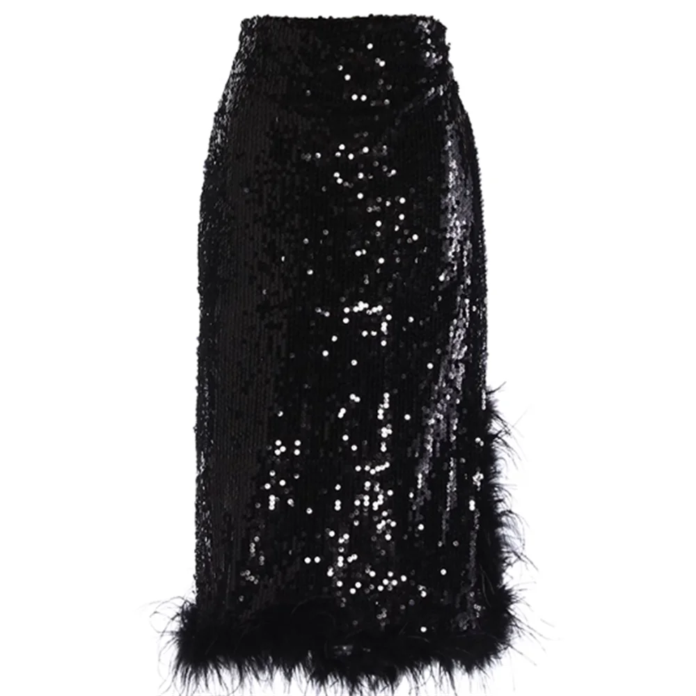 Mermaid sequins feather splicing skirt forked long skirt woman fashion