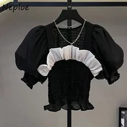 Neploe Elegant Vintage Square Collar Black T-shirts Y2k Slim Waist Ruffles Tee Shirt Summer New Puff Sleeve Tops Women