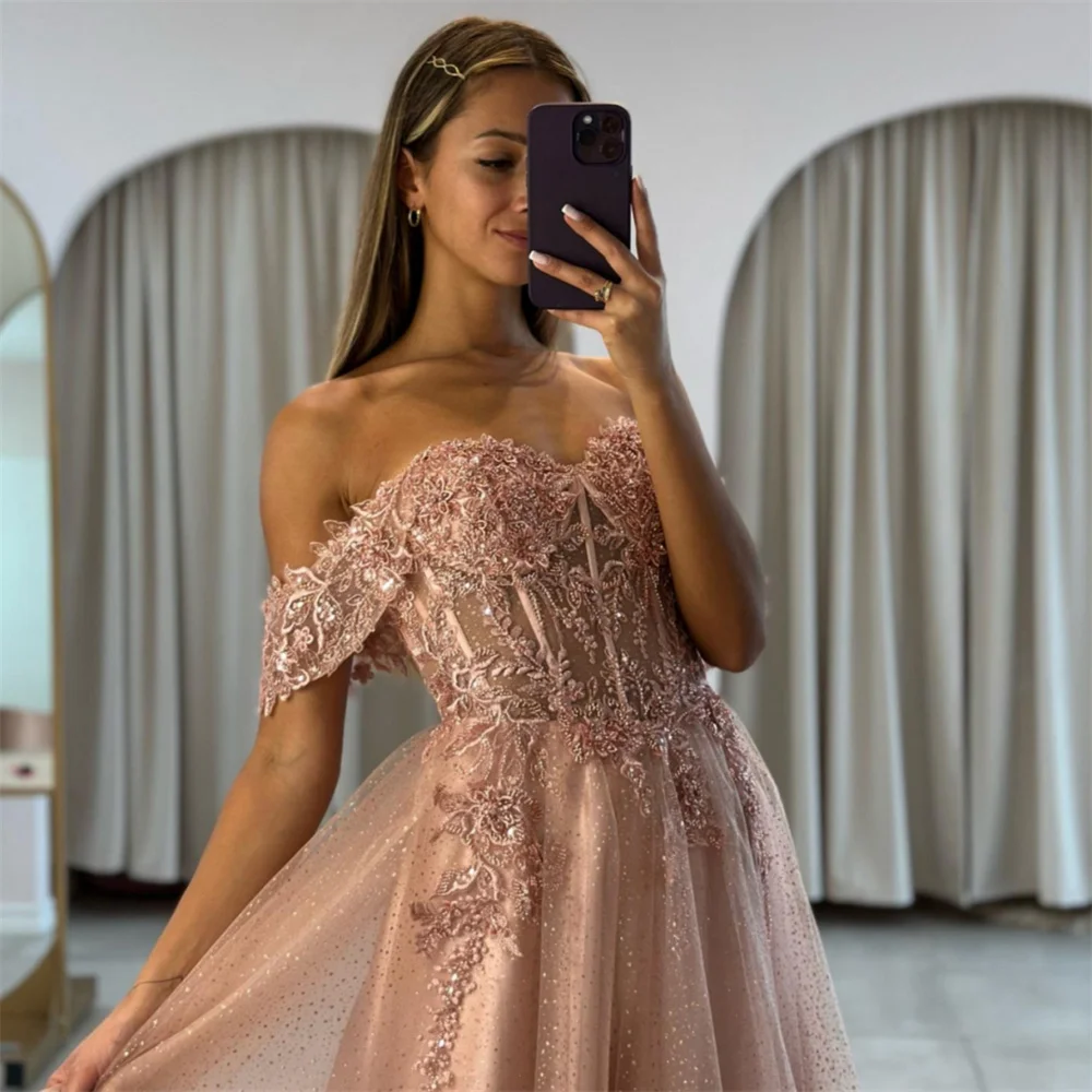 Bella-Vestidos De graduación con hombros descubiertos, Apliques De encaje, corte en A, vestido De novia personalizado sin mangas hasta el suelo,