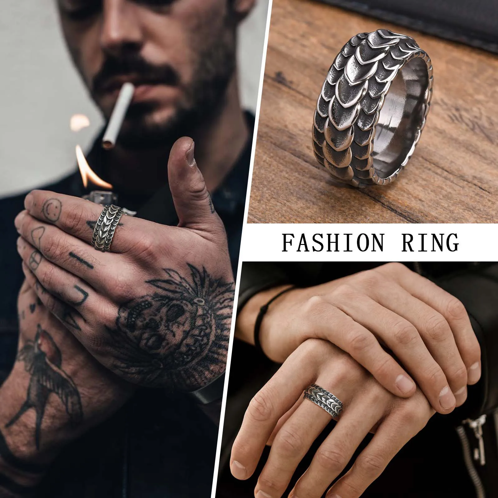 Vnox Rock Punk Viking Dragon Carved Surface Rings for Men Jewelry,Vintage Silver Color Stainless Steel Male Finger Bands