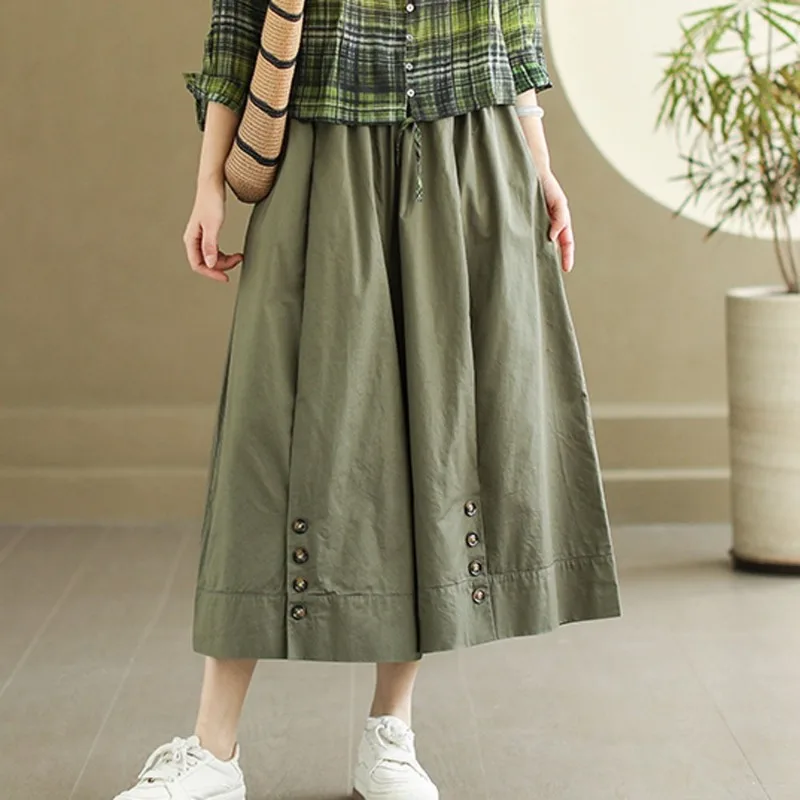 Korea Style Solid Color Elastic Waist Women's Wide Leg Cropped Pants Chic Button Decoration Female Atumn Casual OL Skirt Trouser