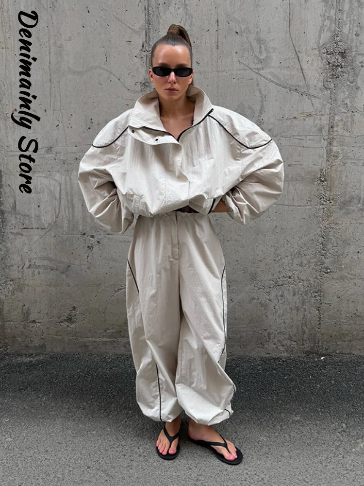 Fashion Women's Contrast Edge Jacket Pant Set Drawstring Stand Collar Full Sleeve Zipper Coat Wide Leg Lantern Pants 2026 Suits