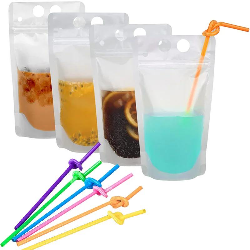 Disposable Drinks Bags Plastic Frosted Juice Bags Stand-up Pouches,Self-sealing Juice Bags,Handheld Beverage Packaging Bags