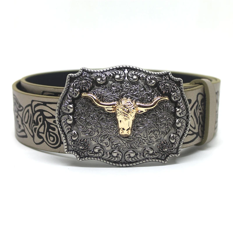 

Western Embossed PU Leather Men Belts Golden Cowboy Longhorn Bull Pattern Floral Engraved Buckle Belt For Men