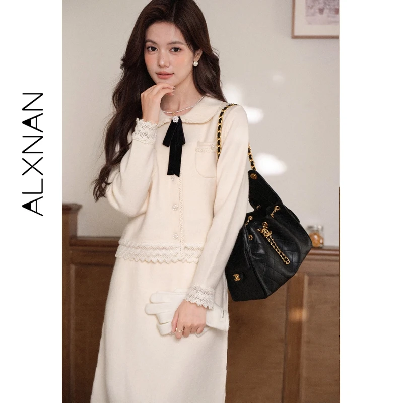 ALXNAN Plus Size Knit Cardigan Women Autumn Winter Warm Elegant Sweater Fashion Casual Bow Pearl Flower Buttons Tops D663083