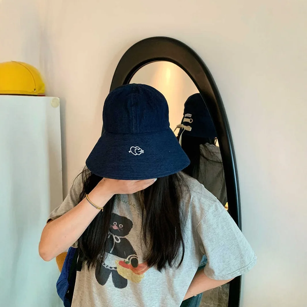 Ladies' Bucket Hats Korean New Cute Sweet Letter Embroidered Kawaii Casual Cowboy Bucket Hats Large Brim Sunshade Hats For Girl