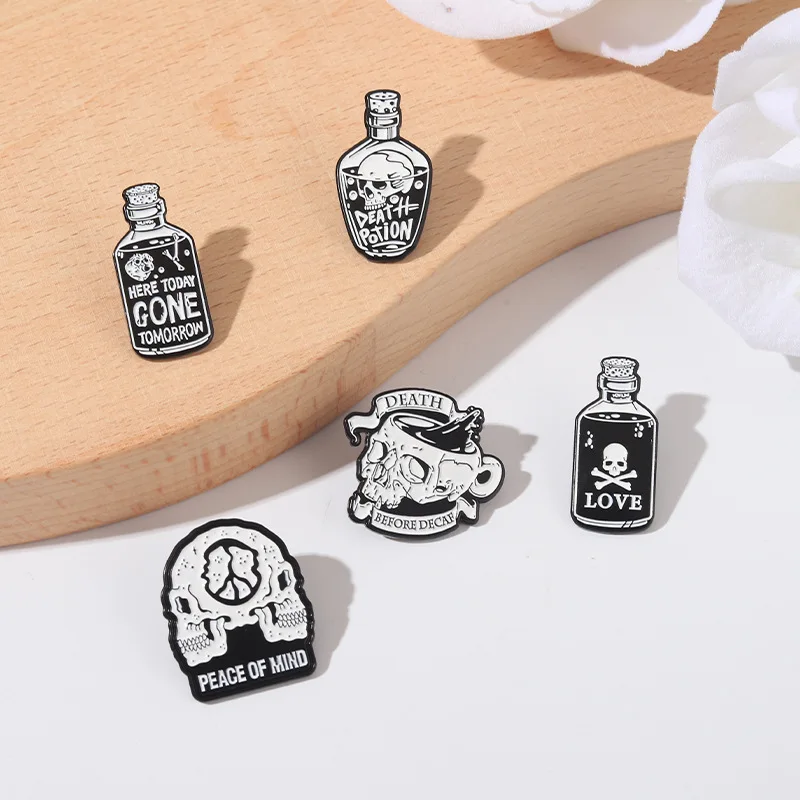 Punk Skeleton Enamel Pins Custom Black White Skull Potions Brooches Lapel Badges Cool Gothic Jewelry Gift for Friends