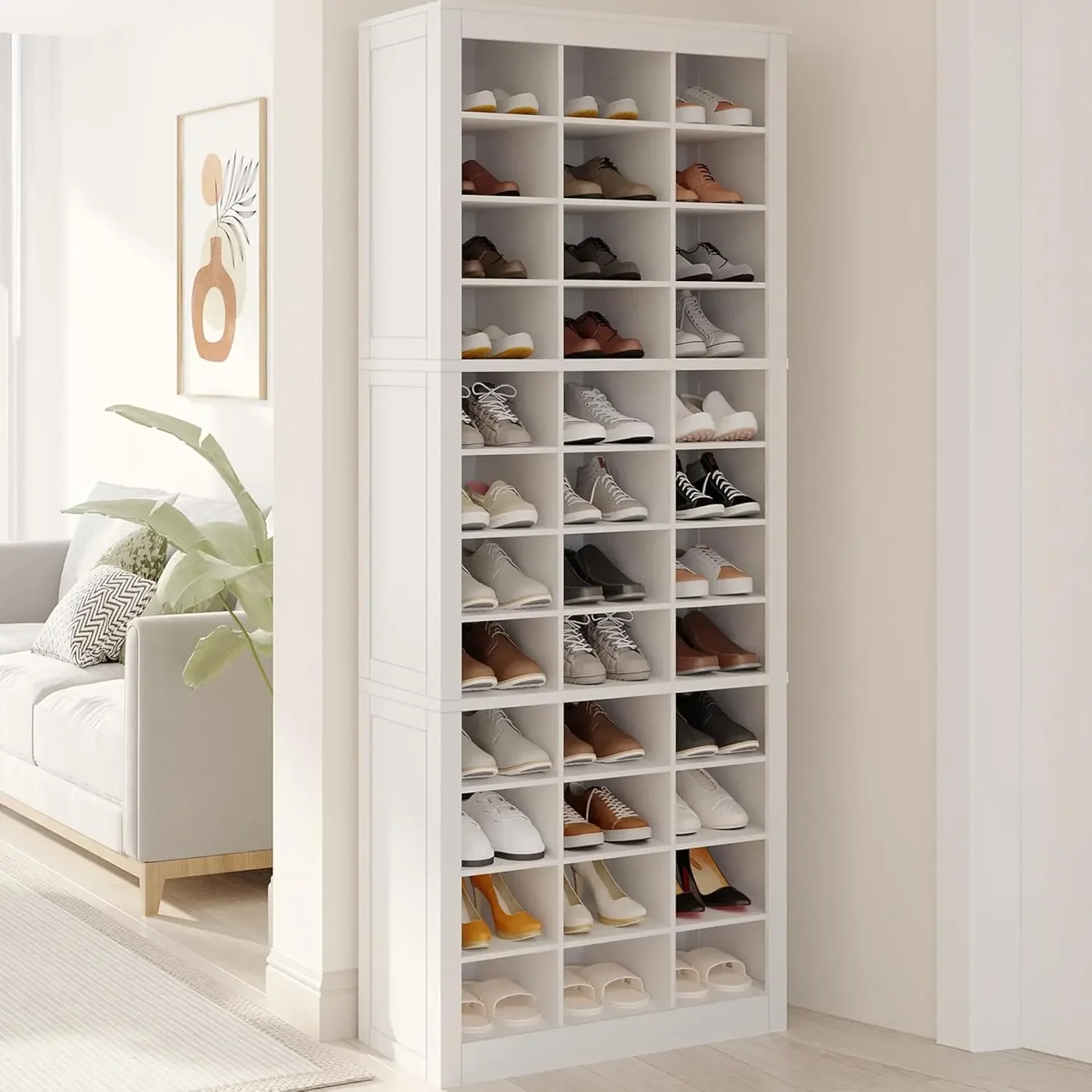 Shoe Storage Cabinet, 36 Pairs Free Standing Closet Organizer, 8.8 inch Widened Cell Wood Shoe Organizer, 12 Tiers Vertical Spac