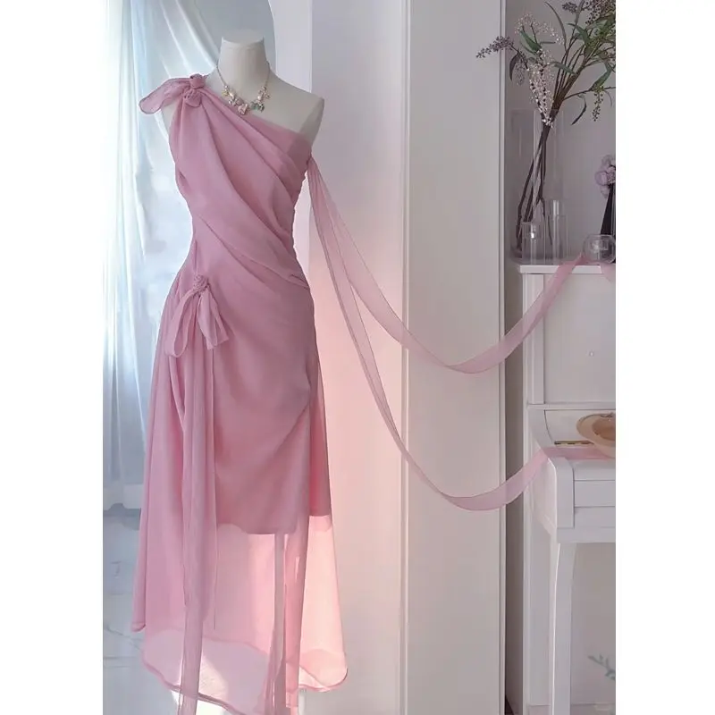 

Summer Dress for Women New High-end Designed Niche Temperature French Elegant Style Niche Chic Waist-closed Off-shoulder Dress