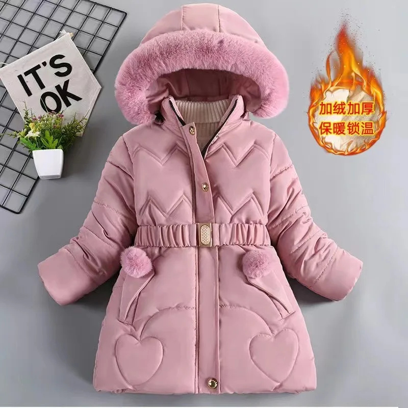 Winter Teen Girls Jacket Solid Color Peach Heart Print Plus Velvet Thick Hooded Coats For 4-10Y Kids Warm Down Cotton Outwear