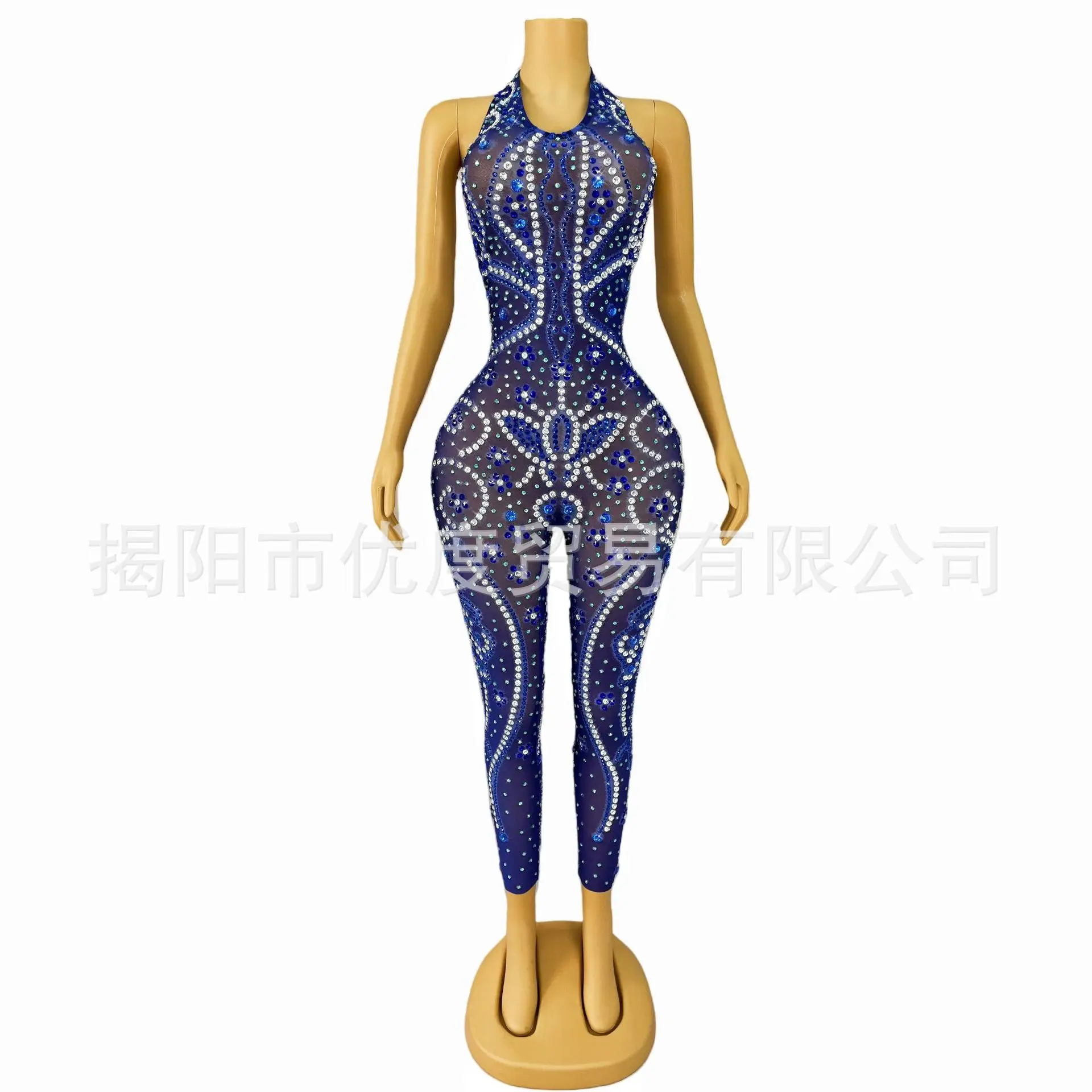 

Design Sense Bright Blue Rhinestone Slim Jumpsuit Female Singer Night DJ Reception Party Performance Flower Lotus Leaf Robe Fête