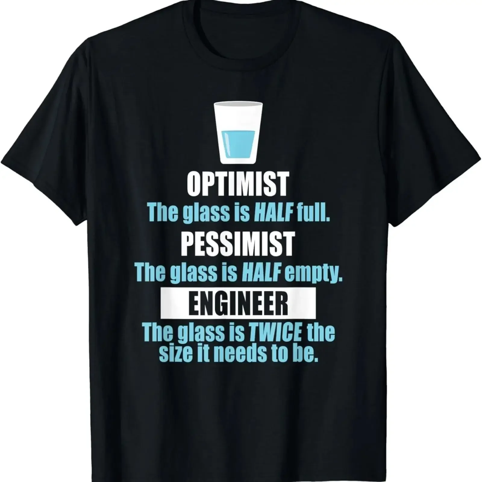 T-shirt amusant 'Verre à moitié plein' Optimiste Pessimiste Ingénieur, Cadeau vintage, délavé, respirant, décontracté, vêtements de créateur, doux