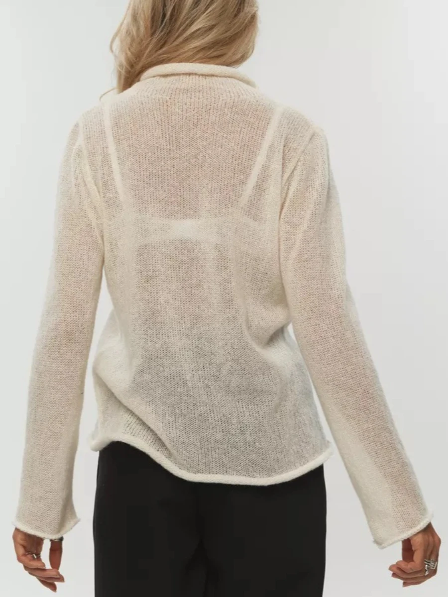 Blubelle Autumn New Women's  Hollow-out Sweater Ins Style Soft Loose Sheer Sexy Knitted Long Sleeve Layering Top