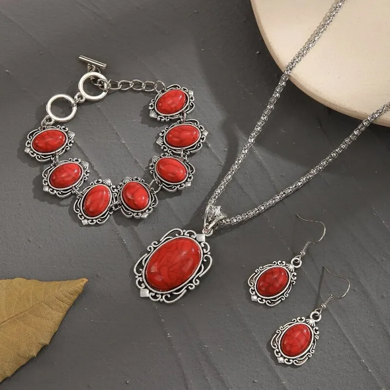 3PCS Vintage Antique Silver Natural Red Stone Jewelry Set Pendant Necklace Bracelet Drop Earrings For Woman Retro Style