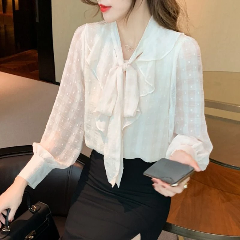 Bow Lace Up Ruffle Elegant Chic Work Wear White Shirt for Women Spring Autumn Trendy Korean Long Sleeve Loose Blouse Ladies Tops