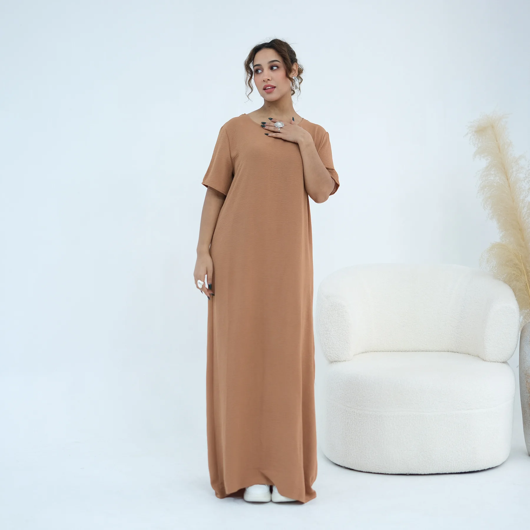 

2026 New Fashion Women Short Sleeve Long Dress Muslim Inner Dresses Solid Color Turkey Dubai Under Abaya Islam Clothing Vestidos