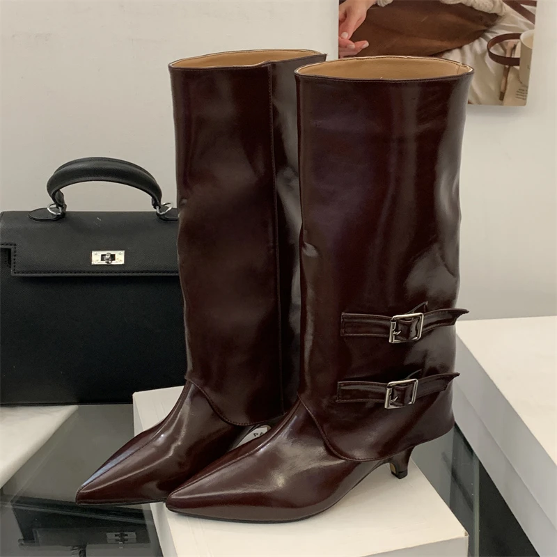 

Eilyken Autumn Winter Designer Buckle Strap Pointed Toe Women Knee High Boots Buckle Strap Thin Low Heels Comfortable Botas