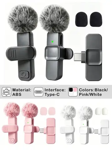 Type-C Port Wireless Lavalier Microphone with Noise Reduction, Windproof Cover for Video Recording Interview Live Streaming Vlog