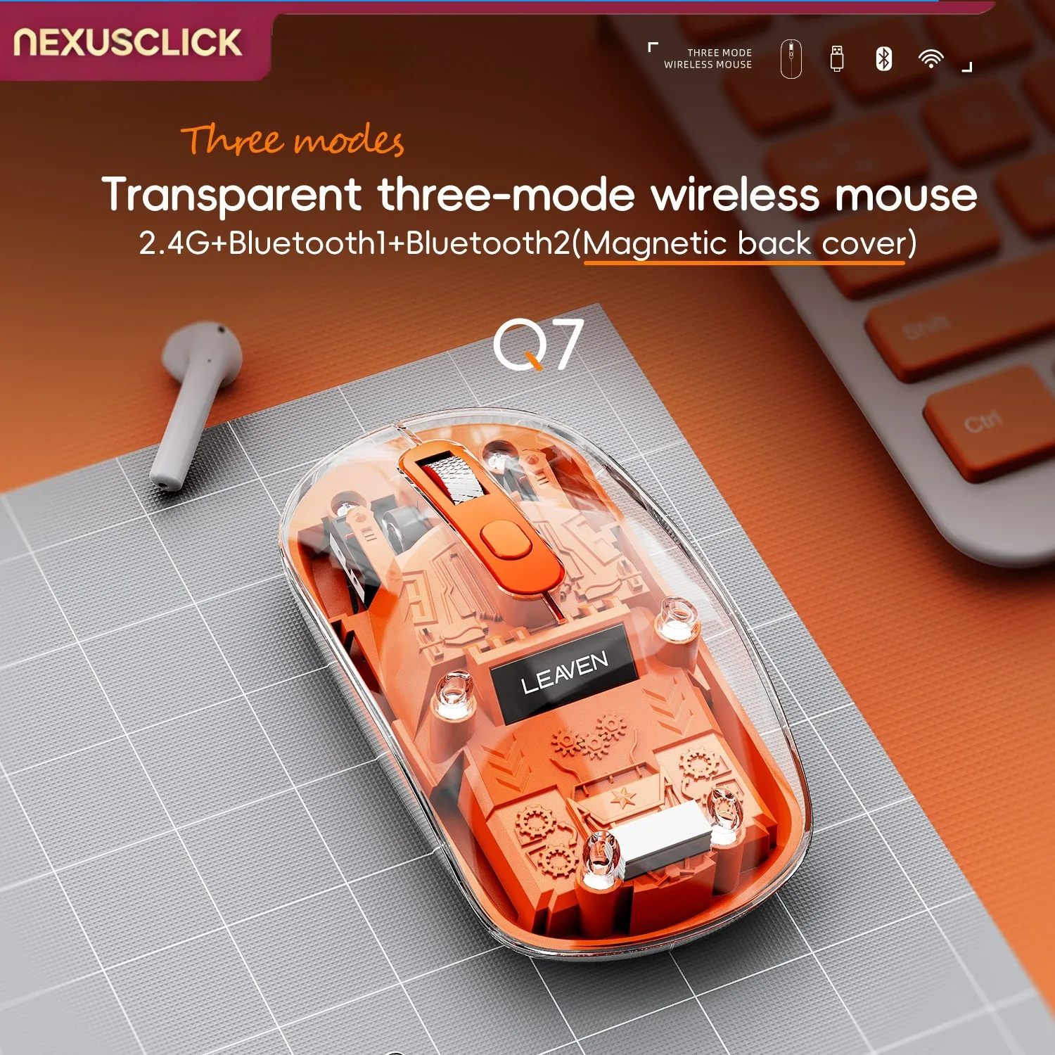 NexusClick Transparent Tri-Mode Wireless Gaming Mouse, Silent Type-C Rechargeable, 3 Adjustable DPI Computer Mice for PC Laptop