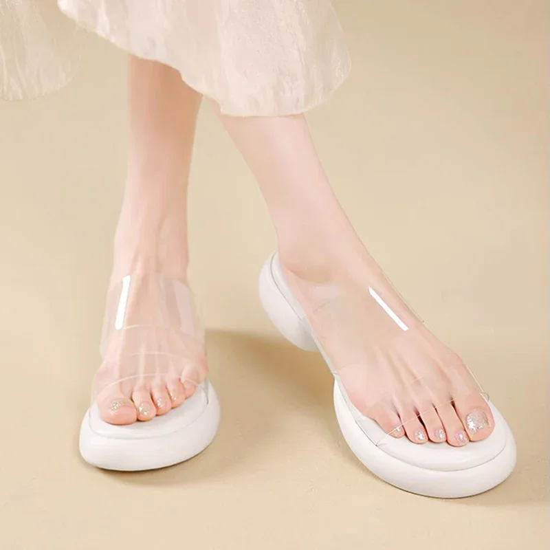 

Comfort Soft Sole Slippers for Women 2025 Summer Transparent Pvc Platform Sandals Woman Med Heels Non-Slip Beach Slides Female